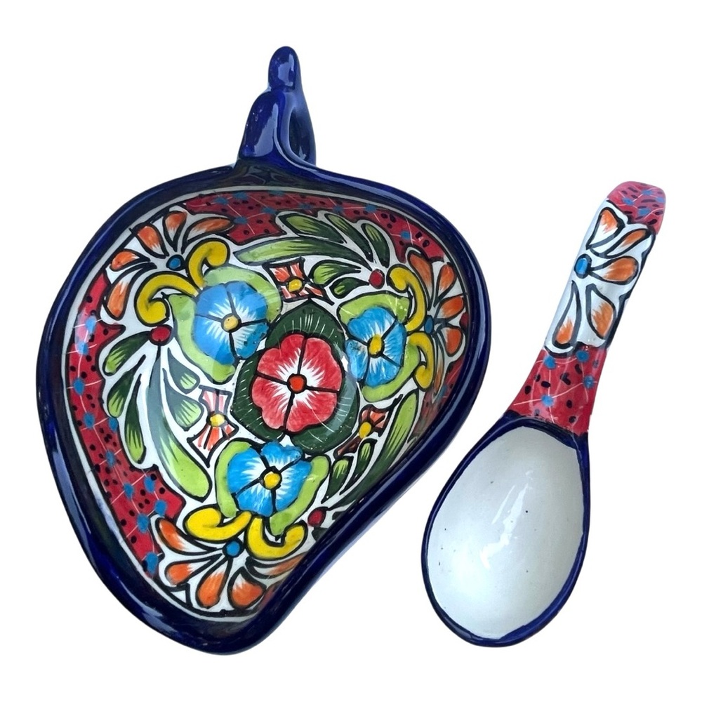 Alba Mexican pottery salsa bowl and spoon colorful southwestern serveware Cancun